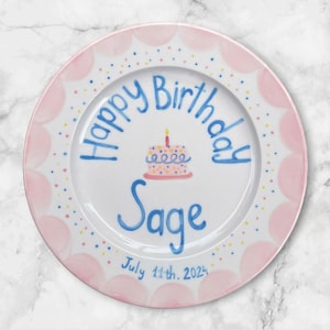 Personalized Girl Birthday Plate with Name and Date – Pink Hand Painted Ceramic Keepsake Dish for Toddler Baby Girl Gift or Party Decor|P009