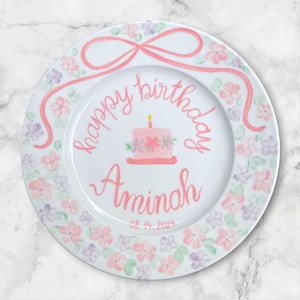 Personalized Birthday Plate for Girl with Name,Flowers – Custom Hand Painted Keepsake Dish for Baby Girl First Birthday or Toddler Gift|P010