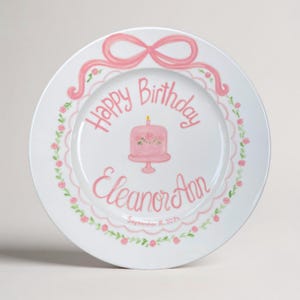 Personalized Birthday Plate for Girls – Custom Name & Date with Pink Roses, Bow  – Hand Painted Birthday Gift for Baby Girls Keepsake| P058