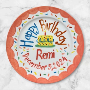 Custom Birthday Plate with  Bright Rainbow Sprinkles, Yellow Cake & Name – Hand Painted Birthday Plate for Girls – Gift to Keepsake | P034