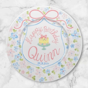 Personalized Birthday Plate with Yellow Cake, Pink Bow & Custom Name Date– Hand Painted Ceramic Plate for Girls– Keepsake 1st birthday| P024