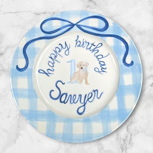Personalized Puppy Birthday Plate for Boys – Custom Plate with Name & Age – Blue Gingham Hand Painted Ceramic Keepsake 1st Birthday | P055