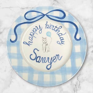 Custom Dog Birthday Plate for Boys with Husky with Balloon Design – Personalized Ceramic Plate with Name – Hand Painted Gift Idea | P037