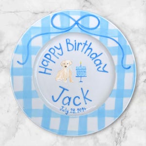 Personalized Birthday Plate for Boys – Custom Name & Date with Blue Gingham, Puppy, Cake – Hand Painted Ceramic Keepsake Birthday Gift| P064