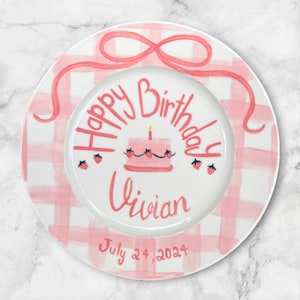 Personalized Strawberry Birthday Plate for Girl with Name – Custom Hand Painted Pink Ceramic Keepsake Gift Baby or Toddler Use | P008