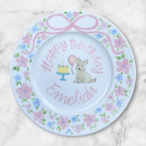 Hand Painted Birthday Plate for Girls – Custom Puppy, Balloon, Yellow Cake, Name & Date – Personalized Ceramic Keepsake Gift to Baby | P026