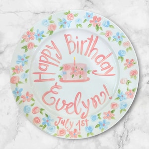 Personalized Floral Birthday Plate with Pink Cake Design – Hand Painted Plate for Girls  – Custom Name & Date Keepsake 1st Birthday |P045