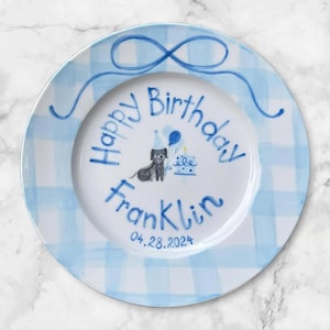 Personalized Birthday Plate for Boy – Blue Gingham Dog Theme – Custom Ceramic Dish with Name & Date – Cute Gift Keepsake for Kid Party |P003