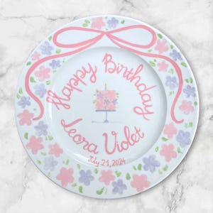 Personalized Birthday Plate for Baby Girl with Floral Border and Name – Hand Painted Keepsake Dish–Custom Gift for First Birthday Party|P020