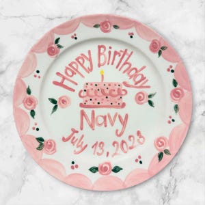 Custom Birthday Plate Pink Floral Design with Cake – Personalized with Name & Date for Girls – Hand Painted Ceramic Gift for Baby Girls|P032