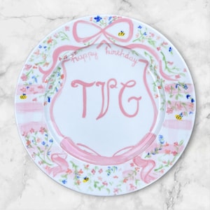 Birthday Plate for Girl with Puppy & Pink Balloon Theme – Custom Name, Date and Floral Border – Custom Gift for Girl’s First Birthday | P028