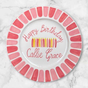 Personalized Birthday Plate Pink Red Candles – Custom Name Birthday Plate for Girls – Hand Painted Child Gift, Keepsake Dish for Girls |P029