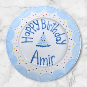 Personalized Birthday Plate Blue Party Hat – Birthday Plate for Boys – Hand Painted Ceramic Keepsake for Kids, Custom Name and Date | P031