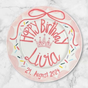 Hand Painted Birthday Plate with Pink Princess Crown Theme & Name – Birthday Plate for Girls – Keepsake for Baby’s First Birthday |P036