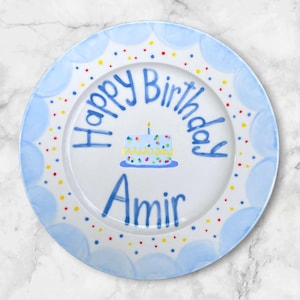 Personalized Blue Birthday Plate with Polka Dots for Boys – Custom Hand Painted Name & Cake Design – Ceramic Keepsake 1st Birthday | P047