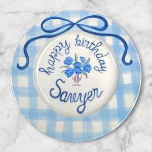 Personalized Blue Gingham Birthday Plate for Boys – Custom Name & Date with Blue Flowers – Hand Painted Ceramic Keepsake 1st Birthday | P054