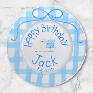 Personalized Boy Birthday Plate with Puppy & Cake – Hand-Painted Blue Gingham Keepsake – Custom Name, Date Ceramic Gift for Kids | P002