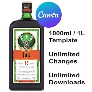 Puede incluir: Una botella oscura de Jägermeister con una etiqueta y tapa verdes. La etiqueta presenta un emblema de ciervo y el nombre "Jan" en una pancarta naranja. El texto incluye "18 Jahre", "Happy Birthday" y "1000ml / 1L Template". Un logotipo de Canva en el fondo.
