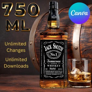 Könnte beinhalten: Eine Flasche Jack Smith Tennessee Whiskey mit einem Glas Whiskey und Eis. Die Flasche ist mit dem Markennamen und Details beschriftet. Das Bild enthält auch den Text "750 ml", "Unbegrenzte Änderungen" und "Unbegrenzte Downloads".