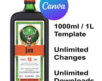 Jagermeister Customize Download 1000ml, Printable Flask Jager Label Editable Canva Template, Personalize Front & Back, Birthday Wedding Gift