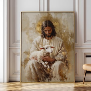 Jesus und das Lamm Gemälde, christliche Wandkunst, religiöser digitaler Download, minimalistische ästhetische Leinwand, druckbare Kunst - 7 Größen