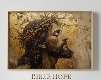 Op de afbeelding: Een schilderij van Jezus Christus met een doornenkroon. De achtergrond is goudkleurig met een textuur. Het schilderij is ingelijst in goud.