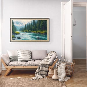 Majestic Mountain Forest Landscape with Emerald River – Digital Wall Art Printable