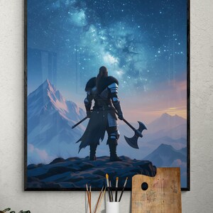 Wikingerkriegerin unter Sternenhimmel | Epische Fantasie Digital Kunst | Sofort Download Wandbild