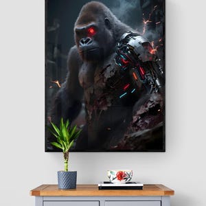 Cybernetic Gorilla Terminator Wall Art – Futuristic Sci-Fi Digital Download, AI Robot Ape Poster, Cyberpunk Animal Artwork