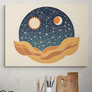 Celestial Harmony-muurkunst | Digitale download | Abstracte afdruk zon maan sterren