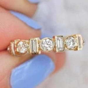 Baguette and Round Half Eternity wedding Band Moissanite baguette wedding ring Stackable Band Wedding Ring Anniversary Gift For Women