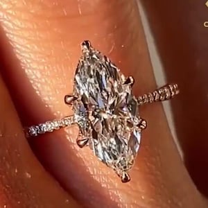 Elongated 4 CT Marquise Cut Moissanite Engagement Ring 14K Solid Gold 6 Prong With Hidden Halo Ring  Promise Ring Wedding Gift For Women