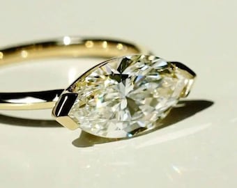 East To West 2 CT Marquise Cut Moissanite Engagement Ring V Prong Set Solitaire Wedding Ring East West Anniversary Ring Promise Ring