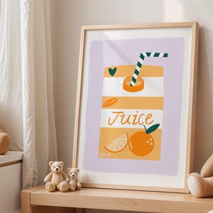 Cute Orange Juice Carton Kids Wall Art Print , Lilac Background Nursery Decor, Playroom Poster, Pastel Cartoon Artwork for Girls or Boys