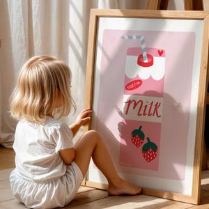 Strawberry Milk Print, Pink Print, Kids Wall Art, Gifts for Kids, Cute Kids Art, Nursery Art Print, Toddler Room Print, Strawberry Decor