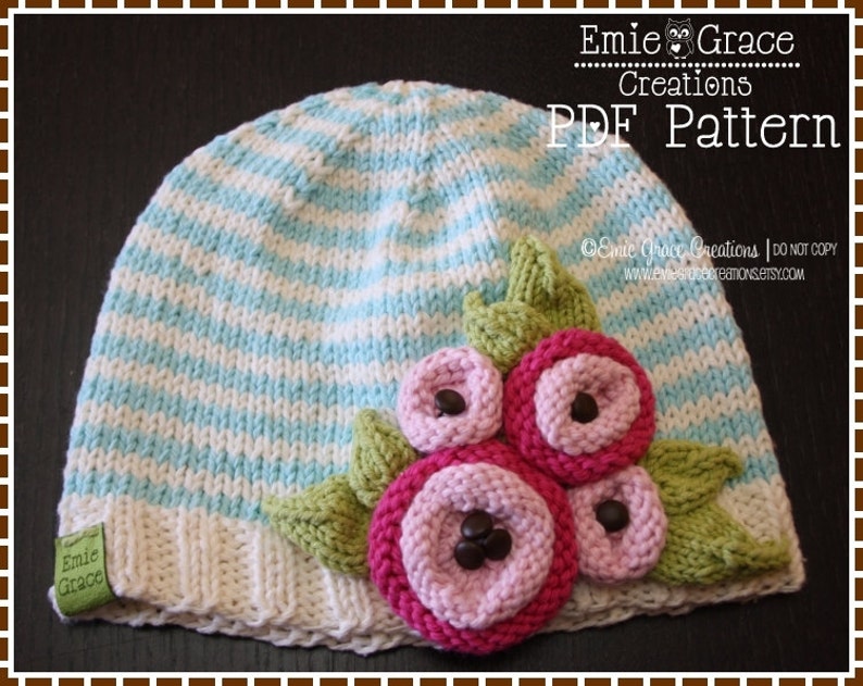 Knitting Flower Hat Pattern Stripe Beanie JOLIE pdf 801 Etsy