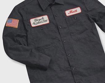 Camisa Dickies de manga larga con 3 parches, botones de mecánico negros personalizados y nombre bordado personalizado, ropa de trabajo