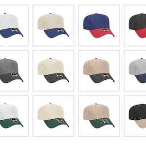 May include: A selection of baseball caps in a variety of colours, such as black, grey, white, beige, navy, and green. Each cap has a contrasting peak and a small logo on the front.