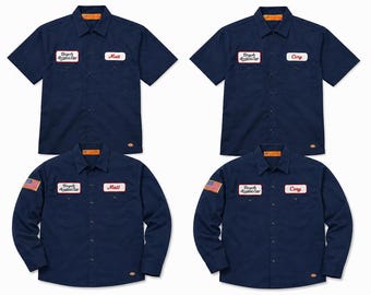 4 Shirt Bundle 2 Custom Navy Mechanic Button Dickies and 2 Long Sleeve Mechanic Shirt With Personalized Embroidered Name down up Work