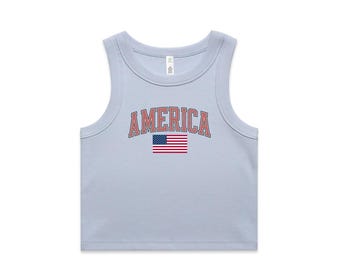 America USA  Organic rib crop Embroidered 4th of July summer use Tank top