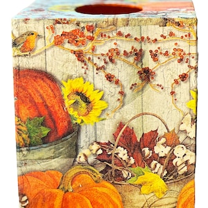 Autumn Harvest Tissue Box Cover Decoupage - Fall Home Decor - Pumpkin and Sunflower Kleenex Holder - Rustic Thanksgiving Table Decor