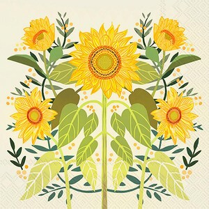 Puede incluir: Ilustración simétrica de girasoles con pétalos amarillos y centros marrones. Los girasoles están rodeados de hojas y tallos verdes, con pequeños puntos naranjas y detalles en verde oscuro sobre un fondo crema.