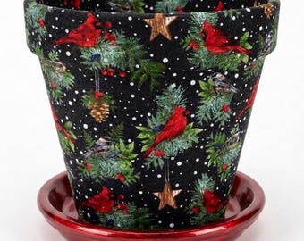 Terra Cotta Flower Pot: Country Cardinals Christmas Holiday Hand Crafted To Welcome Your Guests