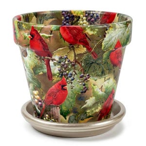 May include: A tapered ceramic plant pot with a matching saucer, featuring a vibrant print of bright red cardinal birds perched among green leaves and clusters of purple and white grapes against a muted, earthy background.