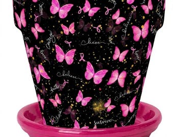 Terra Cotta Flower Pot Pink Ribbon Breast Cancer Awareness Handcrafted Decoupage