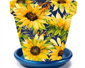 Terra Cotta Flower Pot: Country Sunshine Sunflowers Handcrafted Decoupage Colorful Planter Gift