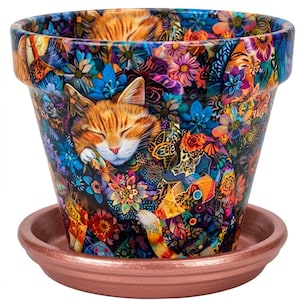 May include: A tapered ceramic plant pot with a matching saucer, featuring a vibrant, multi-colored floral pattern and a sleeping orange tabby cat. The design includes intricate, saturated hues of blue, pink, orange, and yellow throughout the surface.