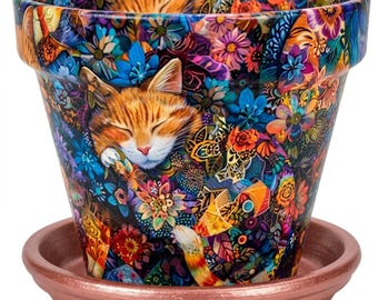 Terra Cotta Flower Pot: Sleeping Calico Cat a Special Gift For Kitty Lovers