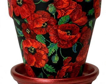 Terra Cotta Flower Pot - Vibrant Red Poppy Flowers Handcrafted Decoupage For Your Pops of Color Decor