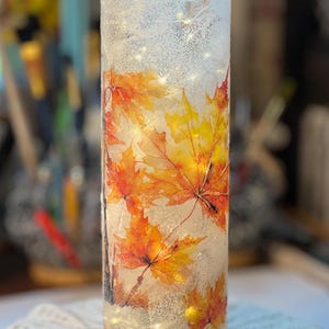 Handcrafted Decoupage 10.5" Lighted Frosted Glass Candle Vase Holder With Remote LED String Lights:  Sugar Maple Leaves